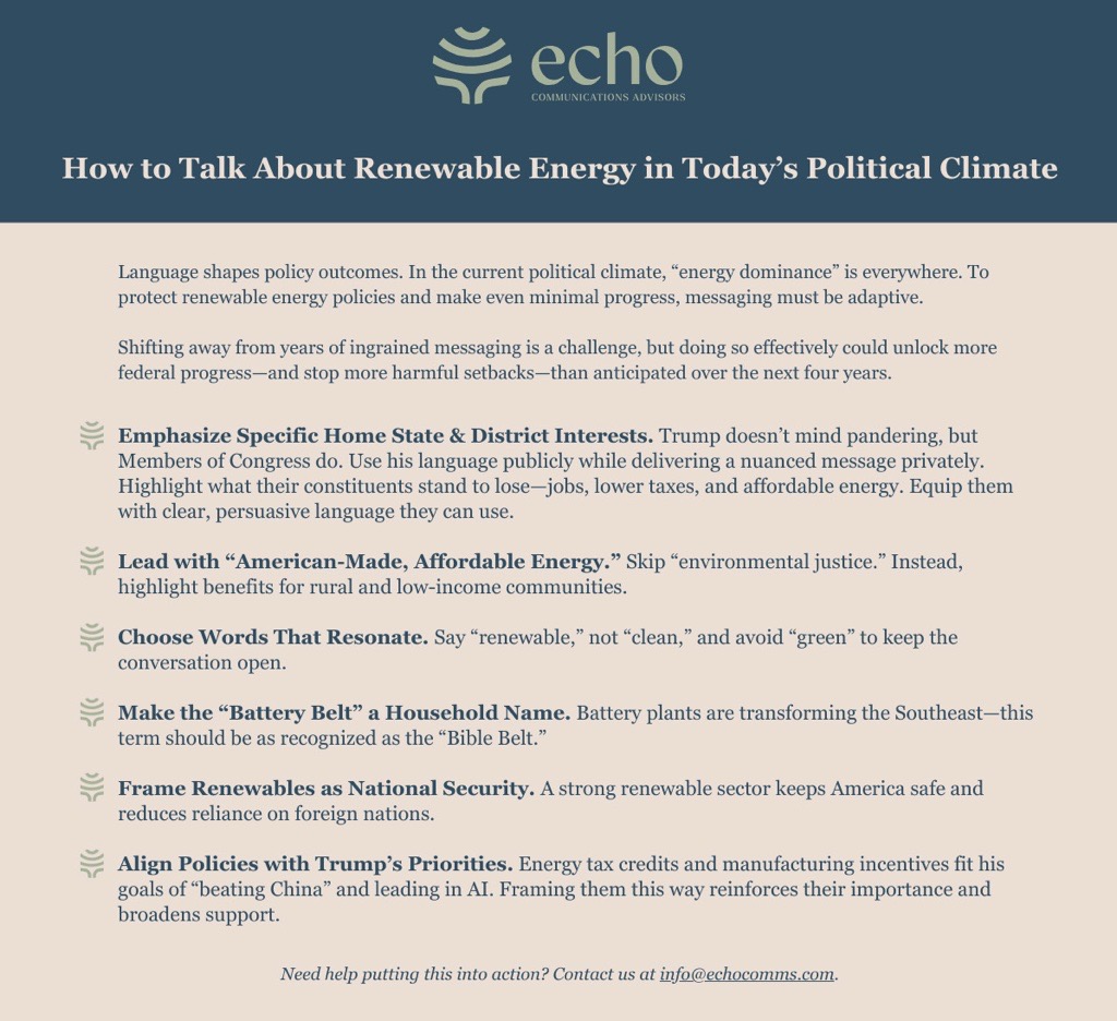 How to talk about renewable energy in today’s political climate How to talk about renewable energy in today's political climate - graphic showing 6 tips from Echo Communications Advisors